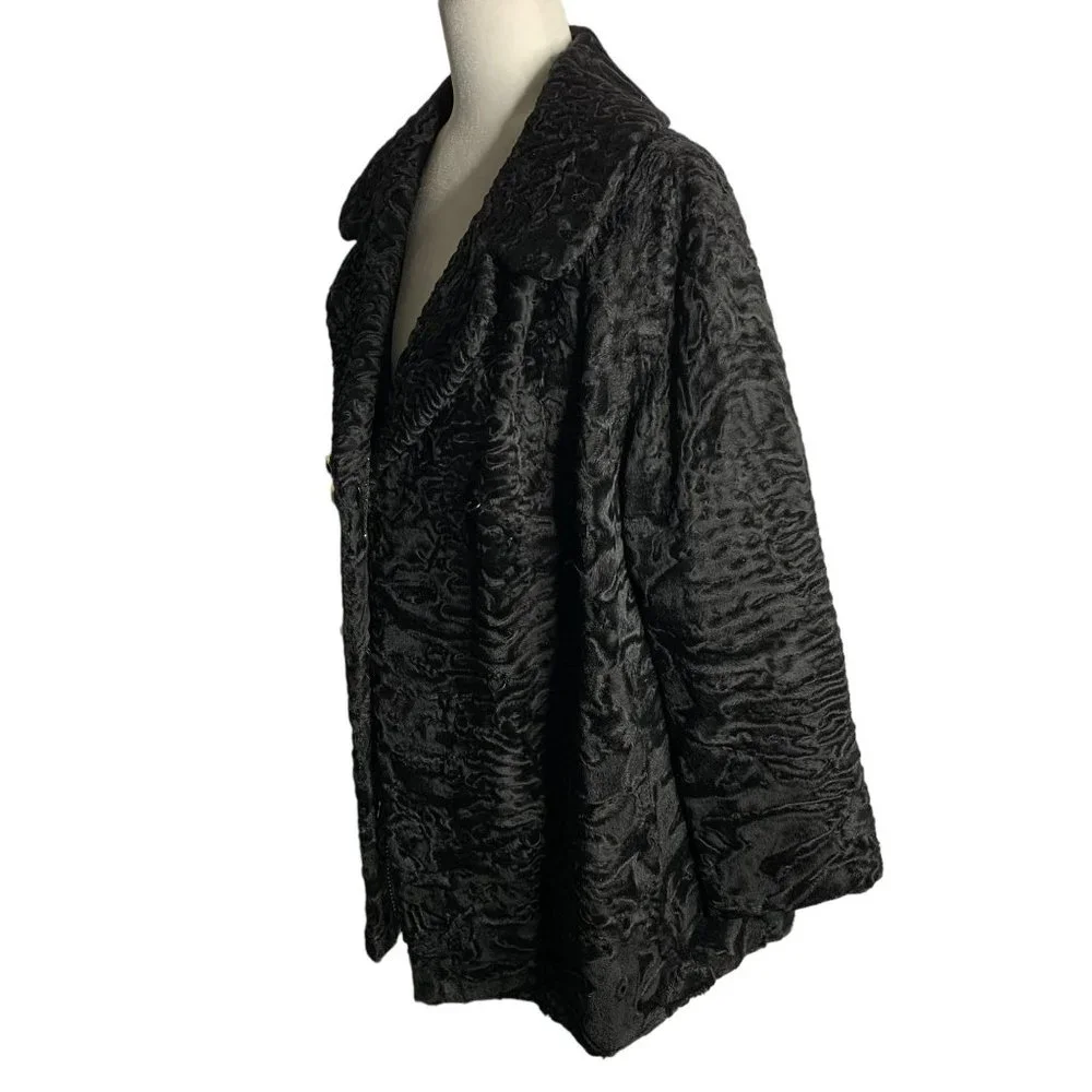 Vintage 60s Pelz Zeller Curly Lamb Wool Fur Coat L Black Hook Closure Pockets - Picture 3 of 6